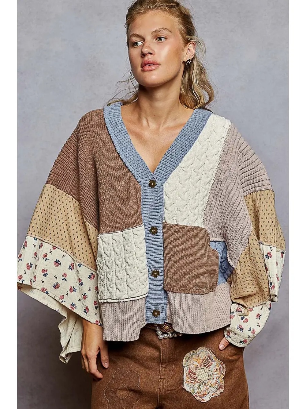 POL Patchwork V-Neck Cardigan Sweater - Brown / Cream / Blue